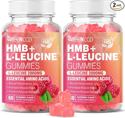 MEENCCD 2 Pack HMB and L-Leucine Gummies, HMB and Leucine Amino Acid for Muscle Growth, Muscle Maintenance, and Muscle Function, for Men & Women, Sugar-Free, Raspberry Flavor, 120 Count