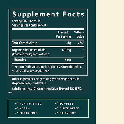 Gaia Herbs Rhodiola Rosea - Stress Support Supplement Traditionally for Supporting Healthy Stamina & Endurance* - with Siberian Rhodiola Root Extract - 60 Vegan Liquid Phyto-Caps (60 Servings)