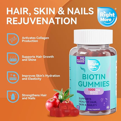 Biotin Gummies 5000mcg, Hair Skin & Nails Vitamins for Women& Men, Non-GMO, Gluten-Free, Vegetarian Chewable B7 Supplement for Hair Growth, Soluble Keratin 50 Mg Per Seving,60 Gummies