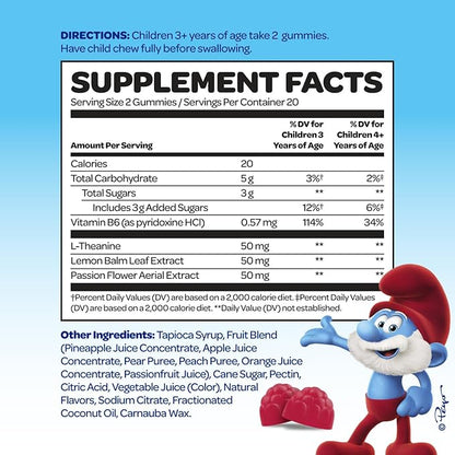 Smurfs Kids Calm Gummies | Calming Gummies for Kids with Lemon Balm & L Theanine | Made with Real Fruit | Doctor Developed | Gelatin Free Non-GMO No Artificial Flavors or Colors | 20 Servings