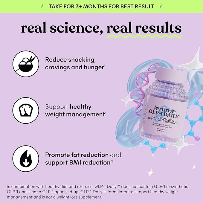 Lemme GLP-1 Daily Support, Clinically Studied Ingredients to Reduce Hunger & Cravings, Promote GLP-1 Production, Support Fat Loss and Weight Management, 1 Month Supply (60 Capsules)