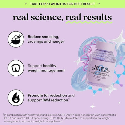 Lemme GLP-1 Daily Support, Clinically Studied Ingredients to Reduce Hunger & Cravings, Promote GLP-1 Production, Support Fat Loss and Weight Management, 1 Month Supply (60 Capsules)
