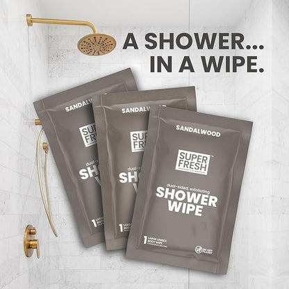 Super Fresh Shower Wipes Large Sandalwood Body Wipes for No Rinse Bathing Personal Hygiene Gym Travel or Camping Enriched with Aloe and Vitamin E 10 Individually Wrapped Disposable Sheets