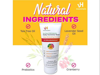 vH essentials Intimate Feminine Wash, pH Balanced with Tea Tree Oil, Cranberry, Prebiotics Odor Eliminating Formula, 6 FL OZ - 3 Pack