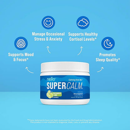 Nello Supercalm Powdered Drink Mix Tub, Cortisol Reducer* and Sleep Aid Supplement, L Theanine, Ksm-66 Ashwagandha, Magnesium Glycinate, Vitamin D 3, No Sugar, Non GMO, 30 Ct, Cucumber Lime
