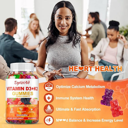 Vitamin D3 + K2 Gummies 2000 IU with Calcium + K2 (MK-7), Magnesium Citrate, Vitamin C, Zinc & Boron – Bone, Heart & Immune Support – Vegan, Non-GMO, Gelatin-Free, Sugar-Free Supplement, 60 Gummies