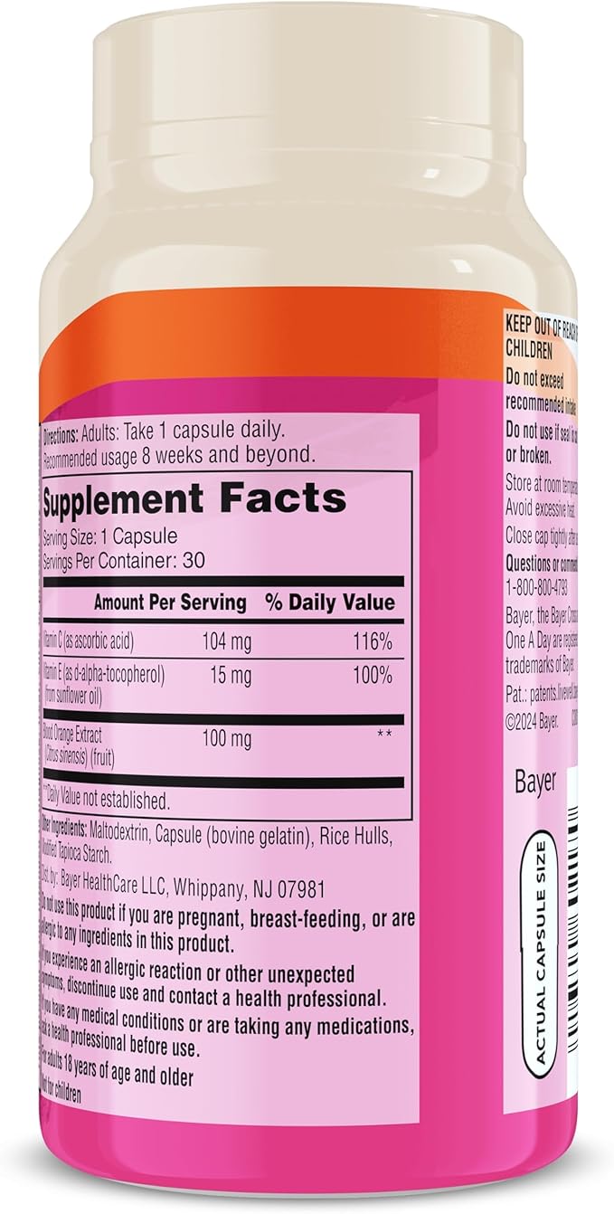 One A Day Skin Radiance, Skin Supplement to Support Hydration & Glow with Blood Orange Extract & Collagen Health with Vitamin C & Vitamin E, 30 Capsules
