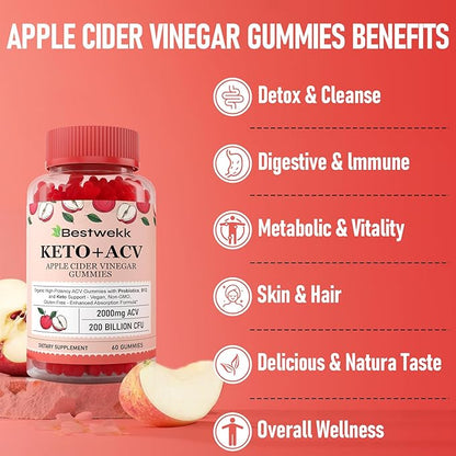 Apple Cider Vinegar Gummies, Max Strength 2000mg ACV Gummy with Probiotics, B12 and Keto Support, For Digestion, Metabolism, Detox, Gut & Immune Health, Gelatin-Free, Non-GMO, 240 keto acv gummies