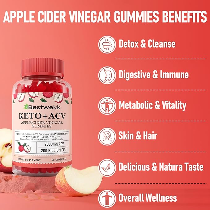 Apple Cider Vinegar Gummies, Max Strength 2000mg ACV Gummy with Probiotics, B12 and Keto Support, For Digestion, Metabolism, Detox, Gut & Immune Health, Gelatin-Free, Non-GMO, 180 keto acv gummies