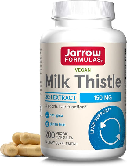 Jarrow Formulas Milk Thistle Supplement 150 mg. 30:1 Milk Thistle Extract Standardized to 80% Total Flavonoids, Dietary Supplement for Liver Function Support, 200 Veggie Capsules, Up to 200 Day Supply
