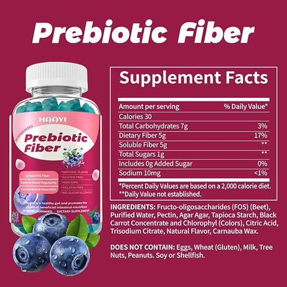 Prebiotic Fiber Supplement Gummies for Adults & Kids 5g beet FOS fiber- Gut Health & Digestive &Mineral Absorption,Soluble Fiber Supplement Gummies - Zero Sugar Added, Vegan, Gluten-Free -90 Count
