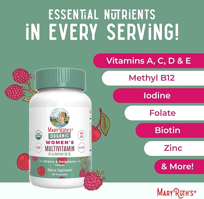 MARYRUTH'S Multivitamin Gummies for Women Ages 14+ | Immune Support | Hair & Skin Health | Reproductive Health | Vitamin A C D E B6 B12 Biotin Zinc Iodine | Organic | Vegan | Non-GMO | 60 Count