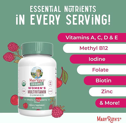 MARYRUTH'S Multivitamin Gummies for Women Ages 14+ | Immune Support | Hair & Skin Health | Reproductive Health | Vitamin A C D E B6 B12 Biotin Zinc Iodine | Organic | Vegan | Non-GMO | 60 Count