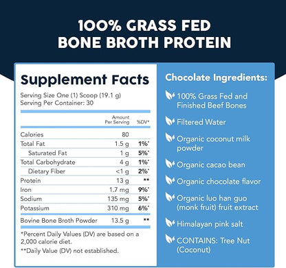 Paleovalley 100% Grass Fed Beef Bone Broth Protein Powder - Rich in Collagen Peptides for Hair, Skin, Gut Health, Bone and Joint Support - 13g Protein Per Serving - No Gluten or GMOs - Chocolate