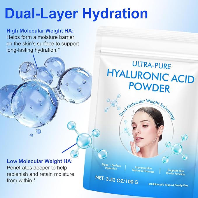 Hyaluronic Acid Powder for Skin, Hyaluronic Acid Serum Powder, 100 Grams | Low Molecular Weight, Cosmetics Grade, Natural Ingredient for Skincare, Skin Hydration and Moisture Support Supplements