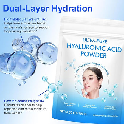 Hyaluronic Acid Serum Powder for Skin,Low and High Molecular Weight,Cosmetics Grade Skin Hydration and Moisture Support Supplements - Vegan, Water Soluble 100 Grams