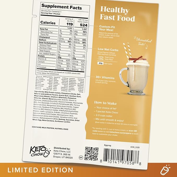 Keto Chow Eggnog | Keto Meal Replacement Shake Powder | Nutritionally Complete | Low Carb | Delicious Easy Meal Substitute | Protein Rich You Choose The Fat | Single Meal