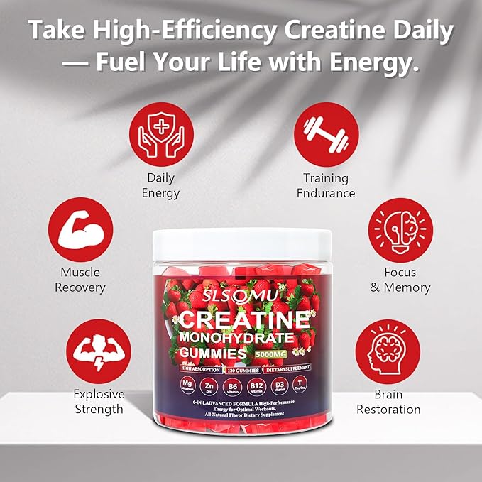 Creatine Gummies for Women, 5000mg Pre-Workout Muscle Strength & Energy Support, 0 Sugar Creatine Gummy with L-Taurine, Zinc, B12 B6, Strawberry Flavor, Vegan - 120 Gummies