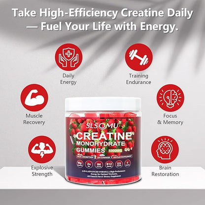 Creatine Gummies for Women, 5000mg Pre-Workout Muscle Strength & Energy Support, 0 Sugar Creatine Gummy with L-Taurine, Zinc, B12 B6, Strawberry Flavor, Vegan - 120 Gummies