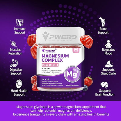 Mega16-in-1 Magnesium Citrate Glycinate Sleep Supplement Complex Gummies for Women Adults, High Absorption Magnesium Malate Carbonate Gummies