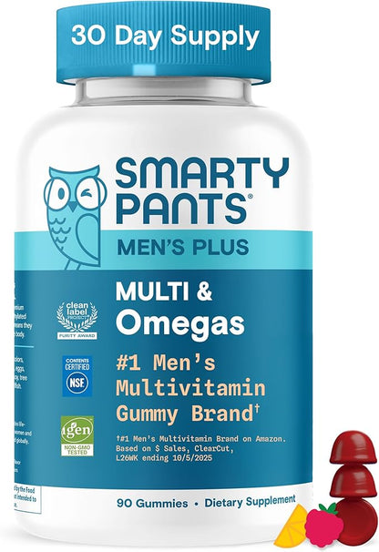 SmartyPants Men's Multivitamin Gummies with Omega 3 DHA/EPA, Methylfolate, Vitamin D3, C, B12, B6, A, K, Zinc, Raspberry Lemonade Flavor, 90 Count (30 Day Supply)