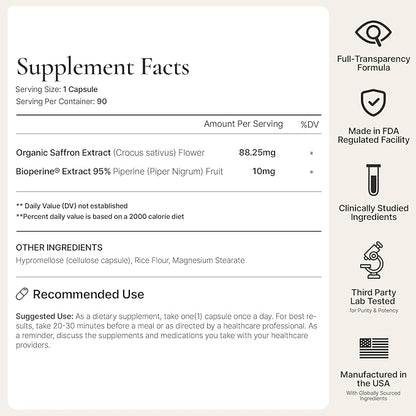 Natural Appetite Suppressant for Weight Loss – Organic Saffron Extract with BioPerine® for Enhanced Absorption – Supports Energy & Mood (90 Capsules)