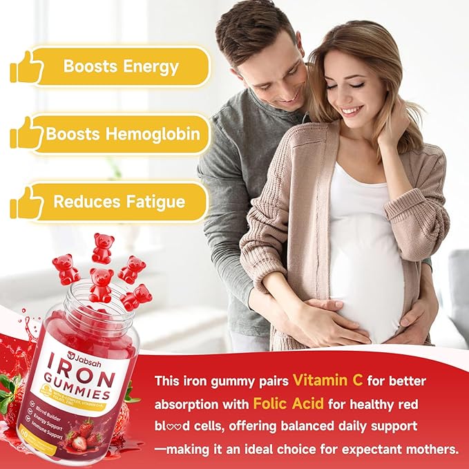 Vegan Iron Gummies for Women & Men, Iron Supplement with B-Complex, Vitamin C, A, Folate for Adults & Kids - Blood Builder & Energy Support & Immune Health - Strawberry Flavor, 120 Gummies