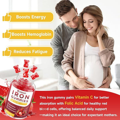 Vegan Iron Gummies for Women & Men, Iron Supplement with B-Complex, Vitamin C, A, Folate for Adults & Kids - Blood Builder & Energy Support & Immune Health - Strawberry Flavor, 120 Gummies