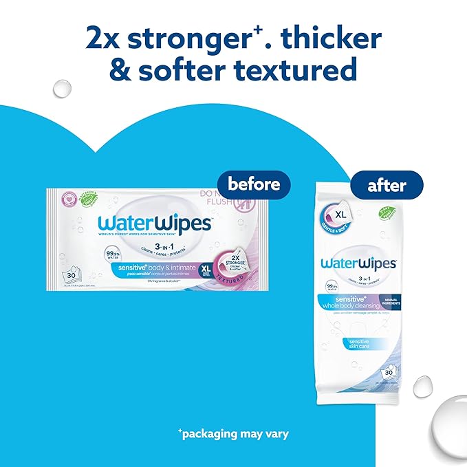 WaterWipes Sensitive Whole Body Cleansing Wipes, 99.9% Purified Water, XL Textured Wipes, Incontinence Care, Fragrance Free, 30 Count