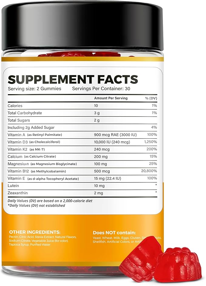 Vitamin D3 K2 Gummies 10000 IU with Magnesium Glycinate, Calcium, B12, K2 MK-7, Vitamins A, E, Lutein, Zeaxanthin - ADK Chewable Supplement for Bone, Eye, Immune Support - D3K2 Gummies