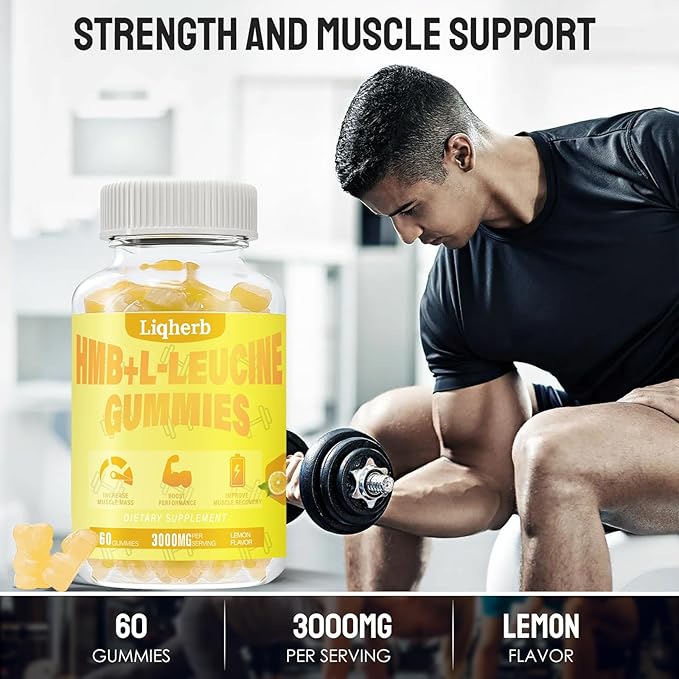 HMB and Leucine Gummies, with 3000mg HMB and L-Leucine Supplement for Muscle Recovery, Muscle Mass & Improve Endurance, for Men & Women, Non GMO, Vegan,Gluten Free, Lemon Flavor, 120 Gummies
