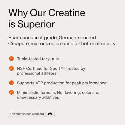Momentous Creatine Lemon Monohydrate Powder - Creatine Powder - Supports Strength, Lean Muscle, & Recovery for Men & Women - NSF Certified for Sport - 6.49 g per Serving - 15 Servings