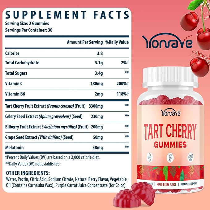 3300mg Tart Cherry Gummies for Uric Acid Cleanse, Sleep, Gout, Joint & Kidney Support – Tart Cherry Extract with Celery Seed, Melatonin, Vitamin C – Detox & Antioxidant – Mixed Berry Flavor, 60 Count