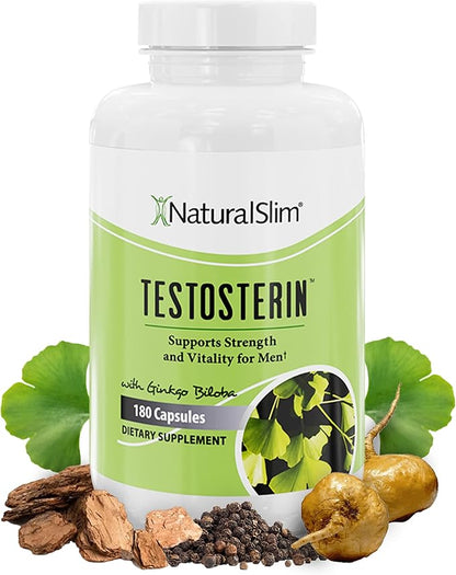 NaturalSlim Natural Testosterone Booster for Men - Male Enhancing Supplement with Ginkgo Biloba, L Arginine, Zinc, Vitamin B3, & Testofen for Energy, Muscle Builder & Metabolism - 180 Capsules