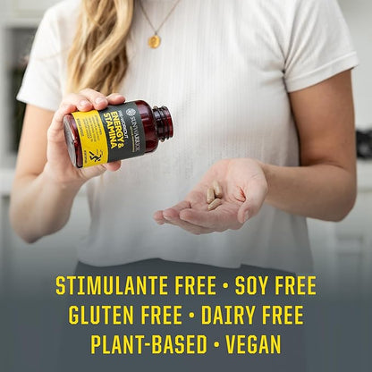 Energy & Stamina Capsules, Caffeine-Free Strength Support, Mushrooms, Thai Ginger for Endurance, Power & Faster Recovery 60 Vegan Capsules