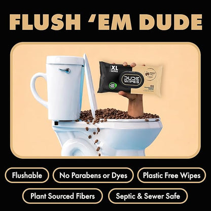 DUDE Wipes Morning Grind Flushable Wipes - Coffee Scented Extra-Large Adult Wet Wipes - 6 Pack (288 Count) - Infused with Coffee Oil, Vitamin E, and Aloe - Septic and Sewer Safe