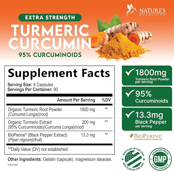 Turmeric Curcumin Supplement - 1800mg Organic Turmeric Per Serving - 95% Curcuminoids & BioPerine Black Pepper Extract for Best Absorption - Natural Vegan Joint Support, Bottled in USA - 360 Capsules