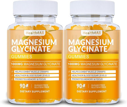 Magnesium Glycinate Gummies 1000mg, High Absorption Sugar Free Magnesium Potassium Supplement for Relaxation, Stress Relief, and Sleep Support for Adults & Kids - 180 Orange Gummies