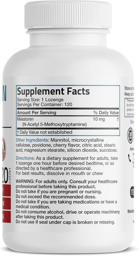 Bronson Melatonin 10mg Fast Dissolve Cherry Flavored Tablets Vegetarian Chewable Lozenges, 120 Count