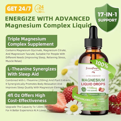 GREENPEOPLE Magnesium Glycinate Liquid Drop - 17-in-1 4Fl. Oz Triple Magnesium Complex Supplement with Glycinate 400mg & Citrate 500mg Taurate/L-Theanine for Calm Mood/Muscle/Sleep,Strawberry -2 Pack