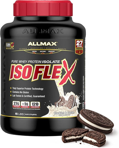 ALLMAX ISOFLEX Pure Whey Isolate Protein Powder - Gluten Free, Low Lactose, Sugar-Free - High-Protein, Clean, Keto-Friendly for Pre Post Workout Supplement for Women and Men | Cookies & Cream, 5lb