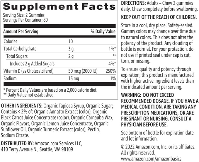 Amazon Basics Vitamin D3 2000 IU Gummies, Orange, Lemon & Strawberry, 160 Count (2 per Serving) (Previously Solimo) (Pack of 2)