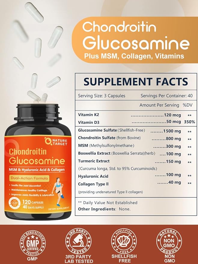 NATURE TARGET Glucosamine Chondroitin - Joint Supplement for Women & Men, Plus MSM, Collagen, Shellfish Free, 120 Counts