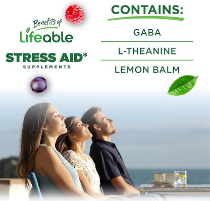 Lifeable Stress Aid Gummies | with Lemon Balm, GABA and L Theanine Supplements | Vegan Non GMO Mood Support Supplement | Great Tasing Stress Vitamins | L-Theanine for Women and Men | 90 Gummies