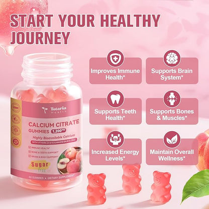 2 Pack Calcium Citrate Gummies 1200 mg - Calcium Supplements for Women with Vitamin D3 & K2,Magnesium,Zinc - Sugar Free Calcium Gummies for Bone & Teeth & Immune Support- Peach Flavor