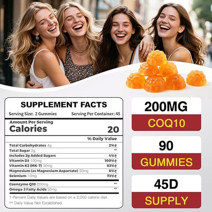 ZEBORA CoQ10 200mg Gummies, High Absorption Coenzyme Q10 Supplements with Omega-3, Heart & Energy Support, Powerful Antioxidant, Orange Flavor, 90 Gummies