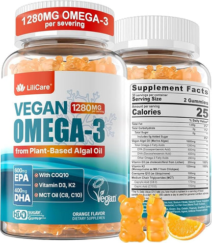 Vegan Omega-3 Gummies 1280mg + CoQ10 + Vitamin D3 K2 (MK7), Omega 3 Fish Oil Alternative for Adults w/EPA 600mg DHA 400mg & MCT Oil, No Fish Taste from Marine Algae, for Brain, Eye, Immunity, 1 Pack