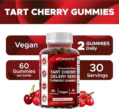 Vitamatic Tart Cherry (360 mg) with Celery Seed (30 mg) 10:1 Extract & Turmeric 20:1 Extract (10 mg) - (Per Serving/2 Gummies) - 60 Gummies (Pack of 2)