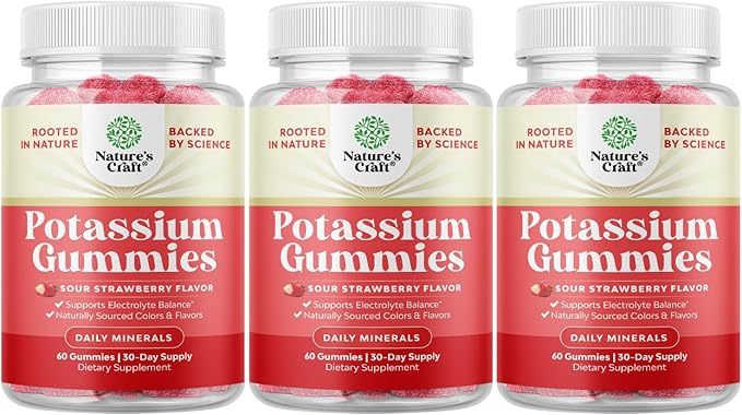 High Potency Potassium Gummies for Adults - Powerful Potassium Supplement Gummies for Optimal Health - Delicious Strawberry-Flavored - Vegan - 60 Count - 3 Pack