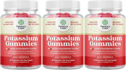 High Potency Potassium Gummies for Adults - Powerful Potassium Supplement Gummies for Optimal Health - Delicious Strawberry-Flavored - Vegan - 60 Count - 3 Pack